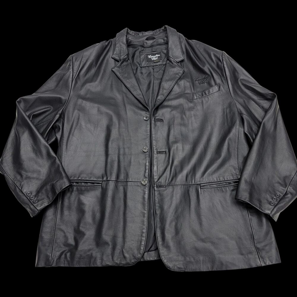 Canadian Club Whiskey Mens 3XL Black Leather Blazer Jacket Vintage 3-Button Coat